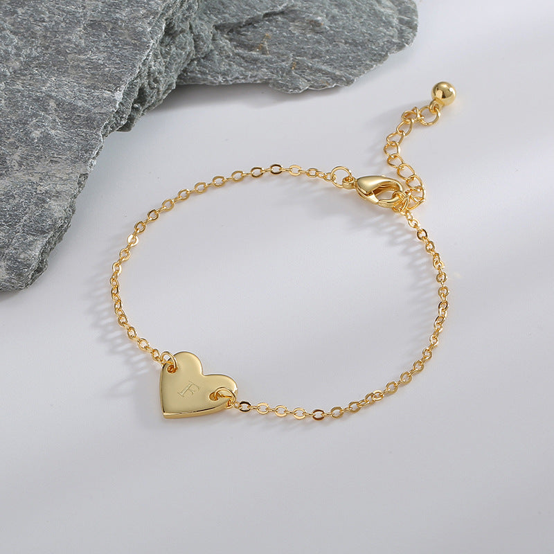 B0182  Korean Version Fashion Simple Heart-shaped Bracelet for Women gold Love Heart26Minimalist Letter Style