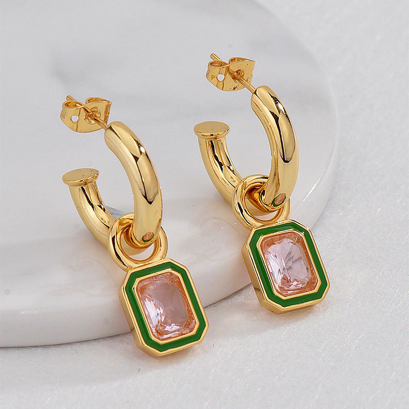 E0632 Elegant Retro Geometric Octagon Earrings for Women with Green Resin Inlaid Pink Zirconia