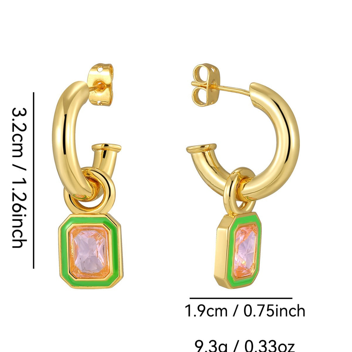 E0632 Elegant Retro Geometric Octagon Earrings for Women with Green Resin Inlaid Pink Zirconia