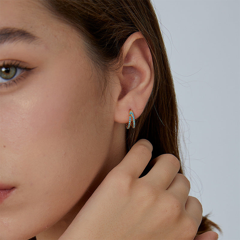 E0472 French Fashion Simple Versatile Blue Turquoise Round Double Layer Earrings for Women Copper Gold Plated Hoop Earrings