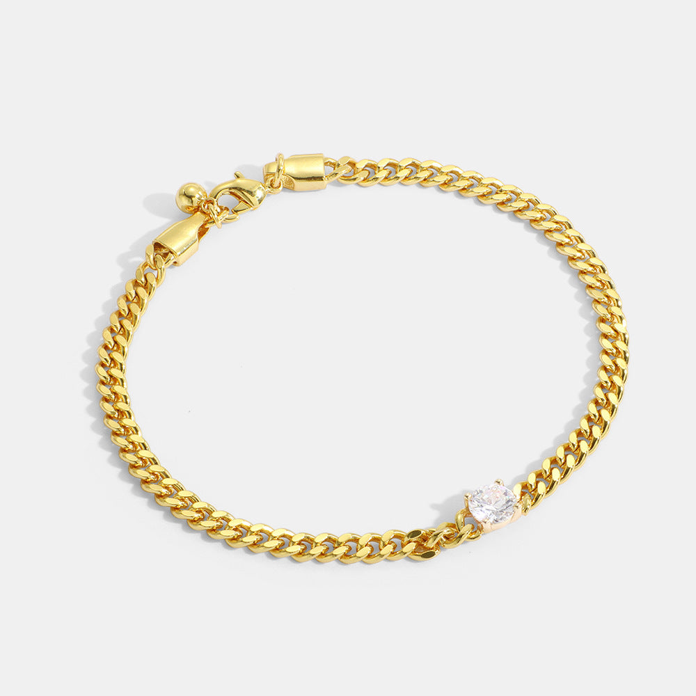 B0064Copper Inlaid Zirconia Gold-Plated Cuban Chain Bracelet for Women Classic Basic Single Diamond Simple