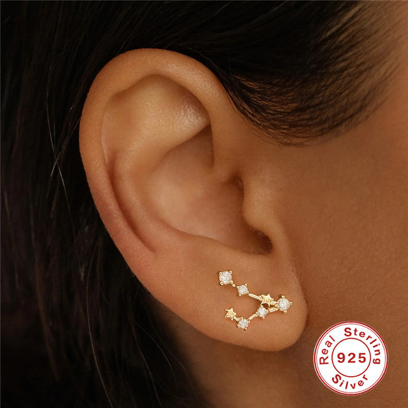 S925Sterling Silver Irregular Zodiac Sign Diamond-Studded Pentagram Earrings Best-Selling Creative Earrings for Women