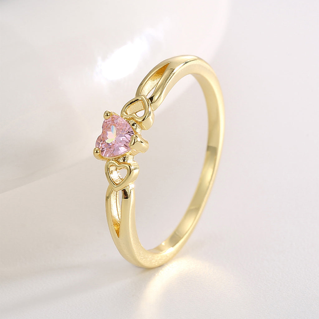 R0703 Cute Design Hollow Heart Ring for Women New Pink Heart-Shaped Zircon Tail Ring