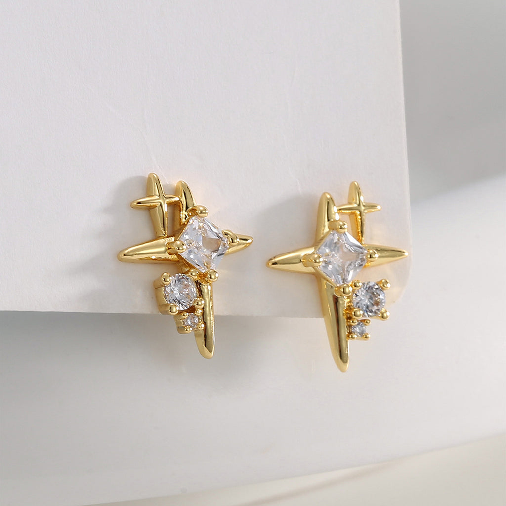 E0758 Korean Style Fashion Asymmetric Design Earrings for Women Star Shiny Zircon Inlaid Gender-Neutral Ear Jewelry