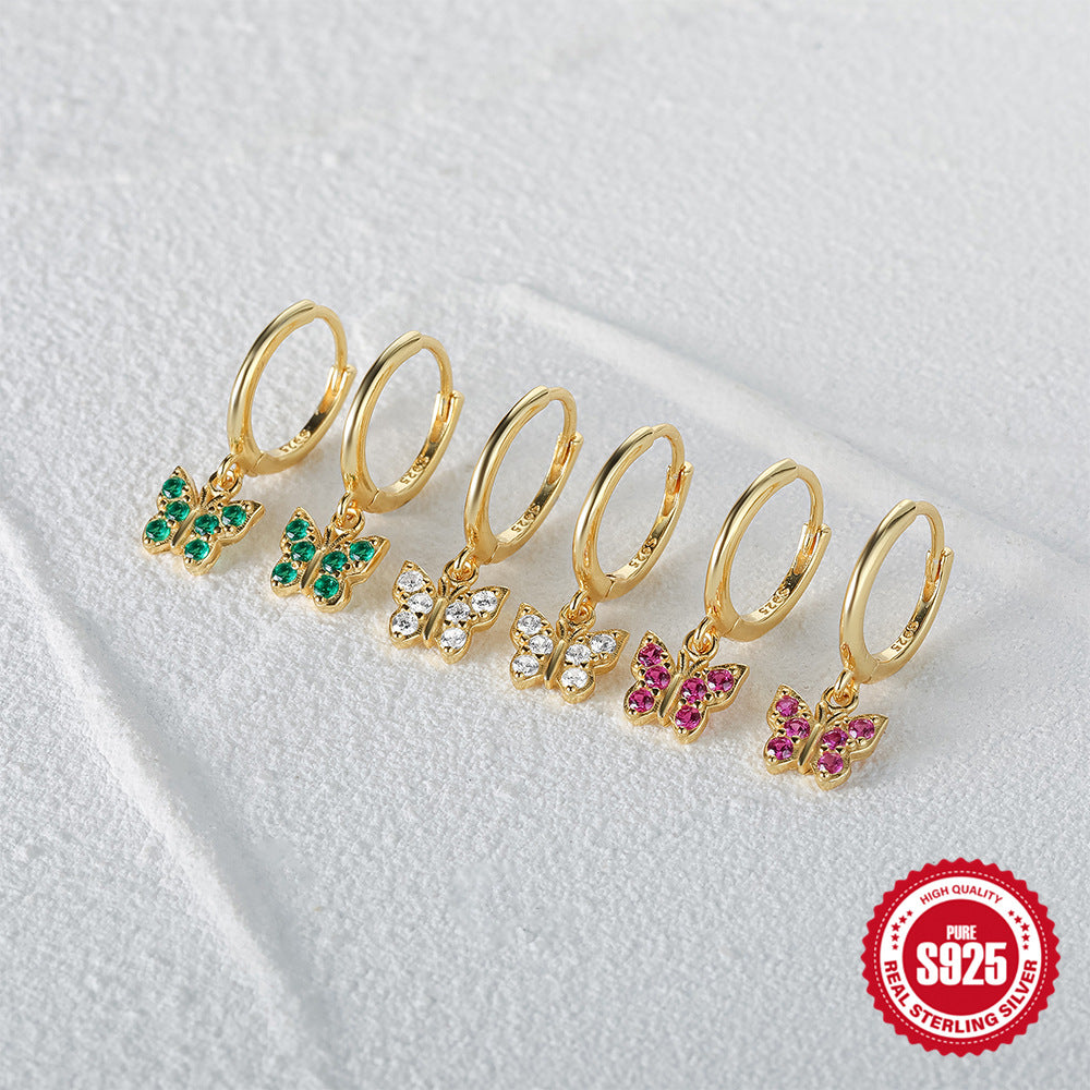 S925Sterling Silver Butterfly Inlaid Diamond Earrings Hoop Earrings Ear Clips Earrings Hot Sale Creative Style Earrings for Women