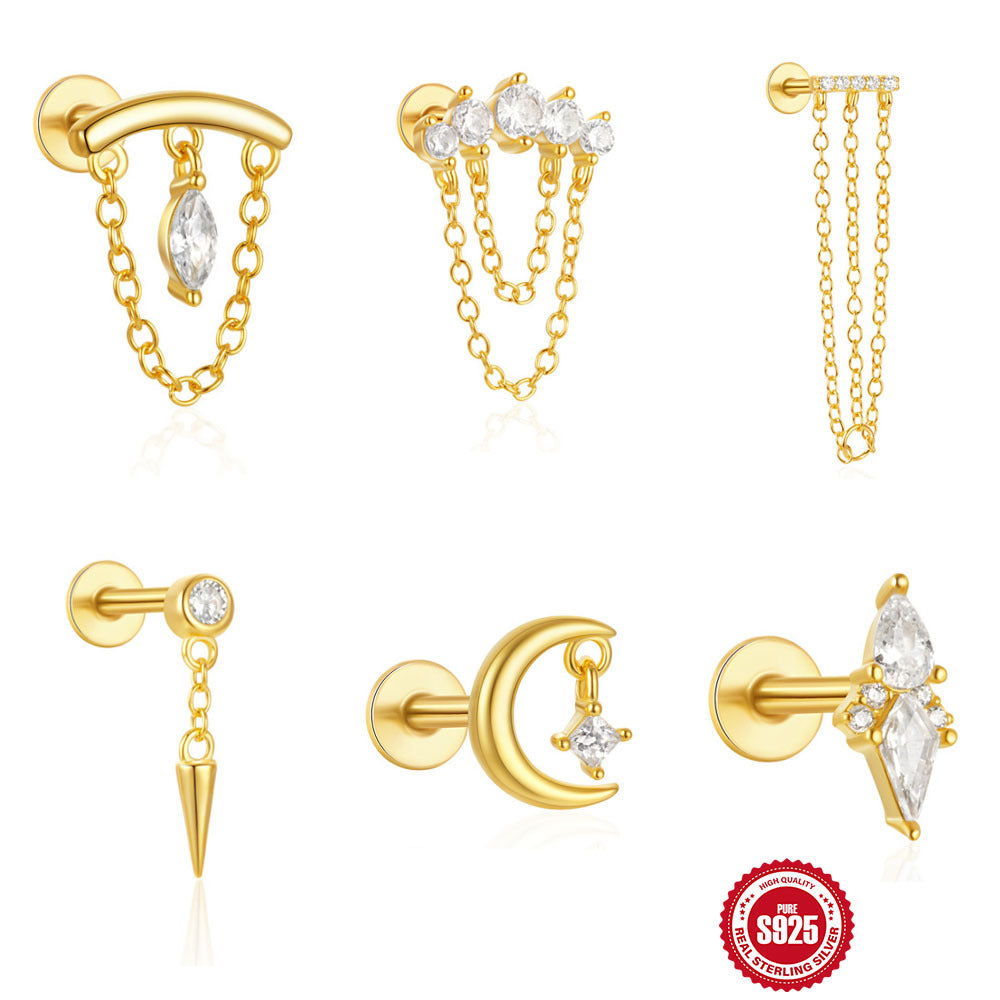 S925Sterling Silver Tassel Soft Bone Horse Eye Zircon Piercing Earrings Hot Selling Moon Ear Bone Stud for Women