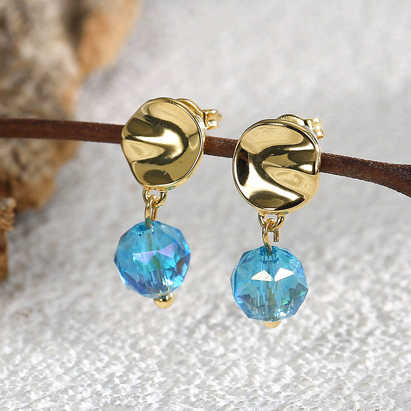 E0427 Iridescent Lake Blue Glass Bead Brass Women's Elegant Earrings