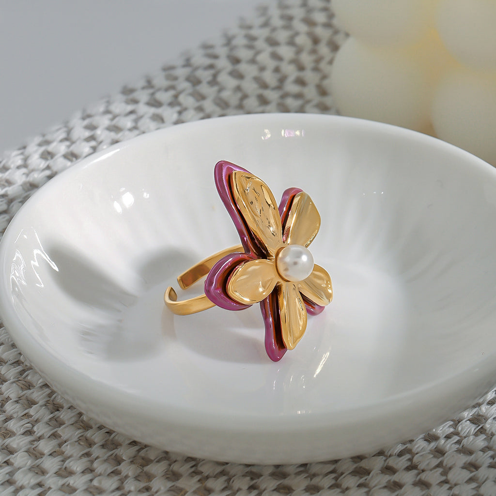 2H Pearl Ring Women's Design Flower Ring Stainless Steel rings