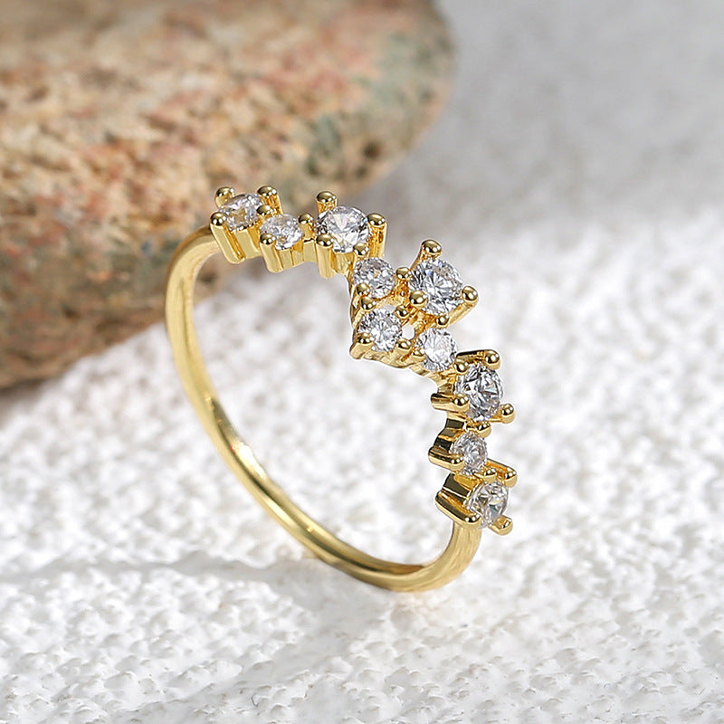 R0216 Brass Gold-Plated Zircon Ring for Women Fashionable Personality Ring Simple Full Diamond Stackable