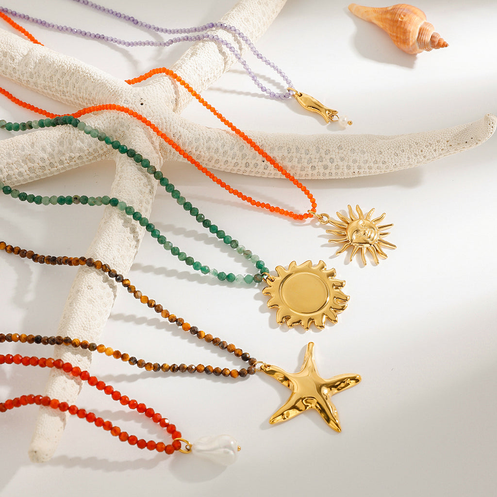 2H Stainless Steel Vacation Style Beaded Necklace Jewelry for Women, Non-Fading Collarbone Chain