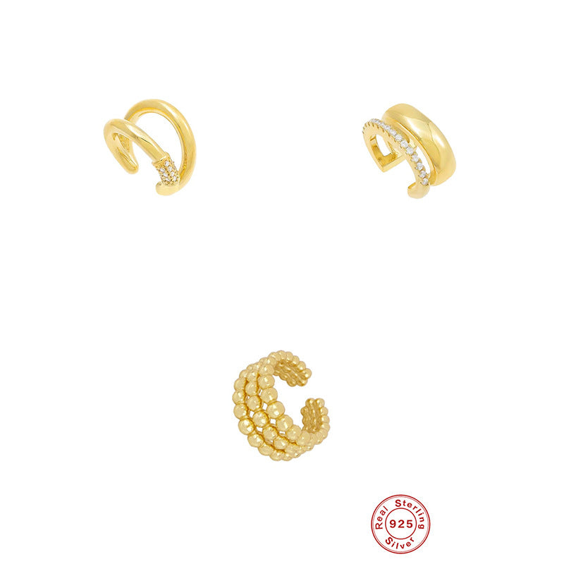S25Sterling Silver Three-Layer Round Bead Double-Layer Inlaid Diamond Ear Clip Non-Pierced Ear Cuff Ear Jewelry Cool Minimalist Style Earrings