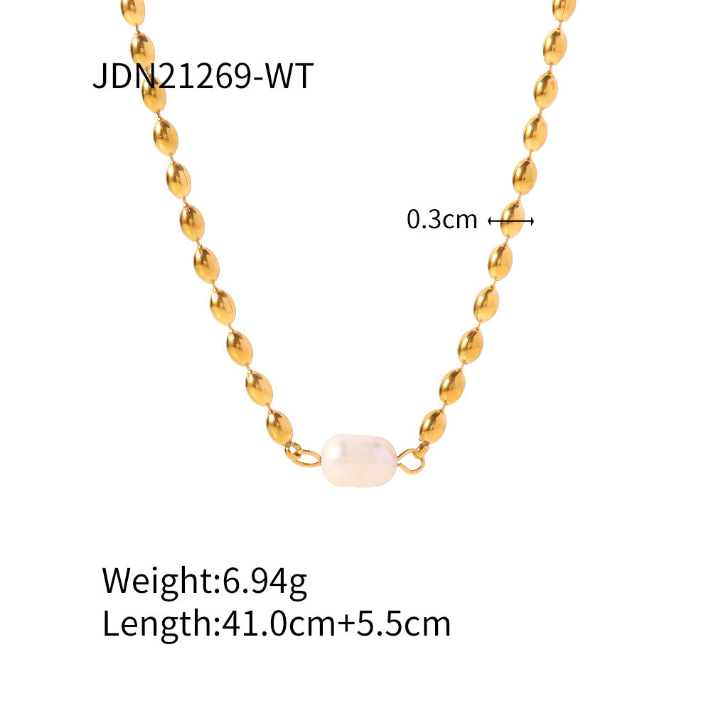 Fashionable Design Non-Fading Natural Freshwater Pearl Oval Gold Bead Bracelet/Necklace