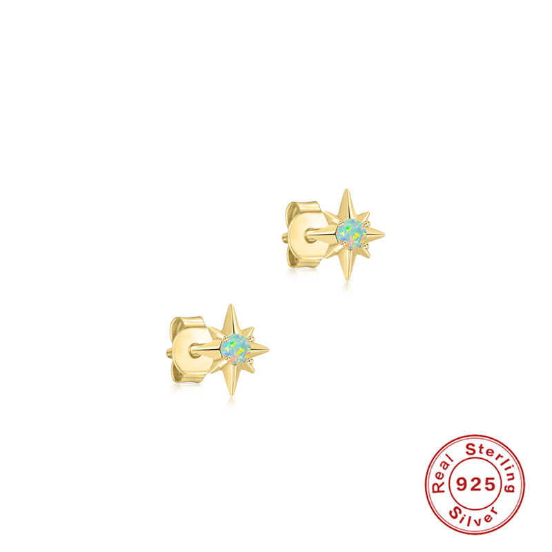 S925Sterling Silver Octagonal Diamond-Studded Opal Earrings Korean and Japanese Style opal Minimalist Earrings