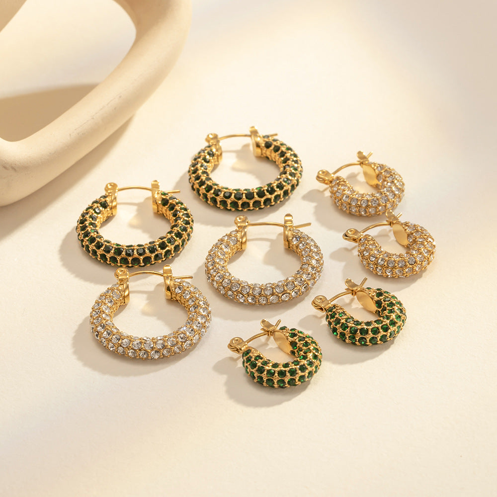 2H French Style New Fashion Versatile18k Gold Plated Stainless Steel Earrings Inlaid with White Cubic Zirconia Hoop Earrings