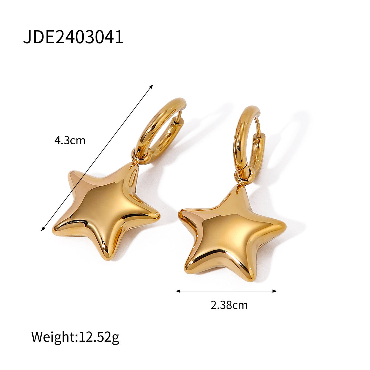 16k Gold Stainless Steel gold Smooth Surface Three-Dimensional Pentagram Earrings Simple Design Sense Ear Jewelry