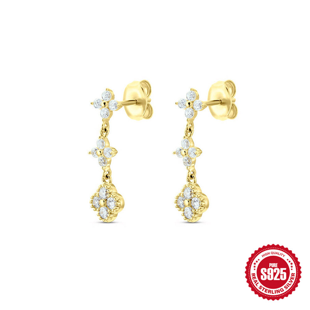 S925Sterling Silver Colorful Diamond Flower Stud Earrings Women's Fashion Simple Style Sterling Silver Earrings