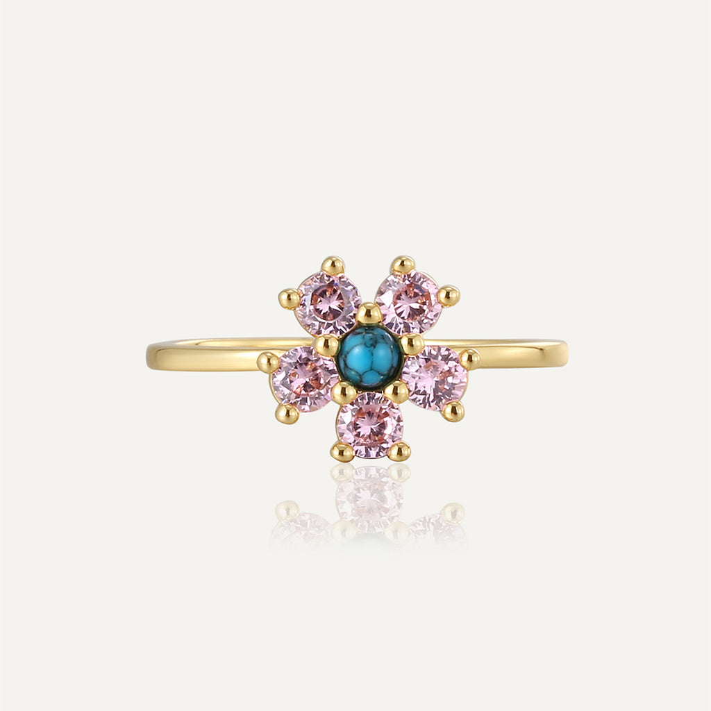 R0690 Cute Flower Pink Zircon Ring for Women Plated18K Golden Sweet Cool Style Turquoise