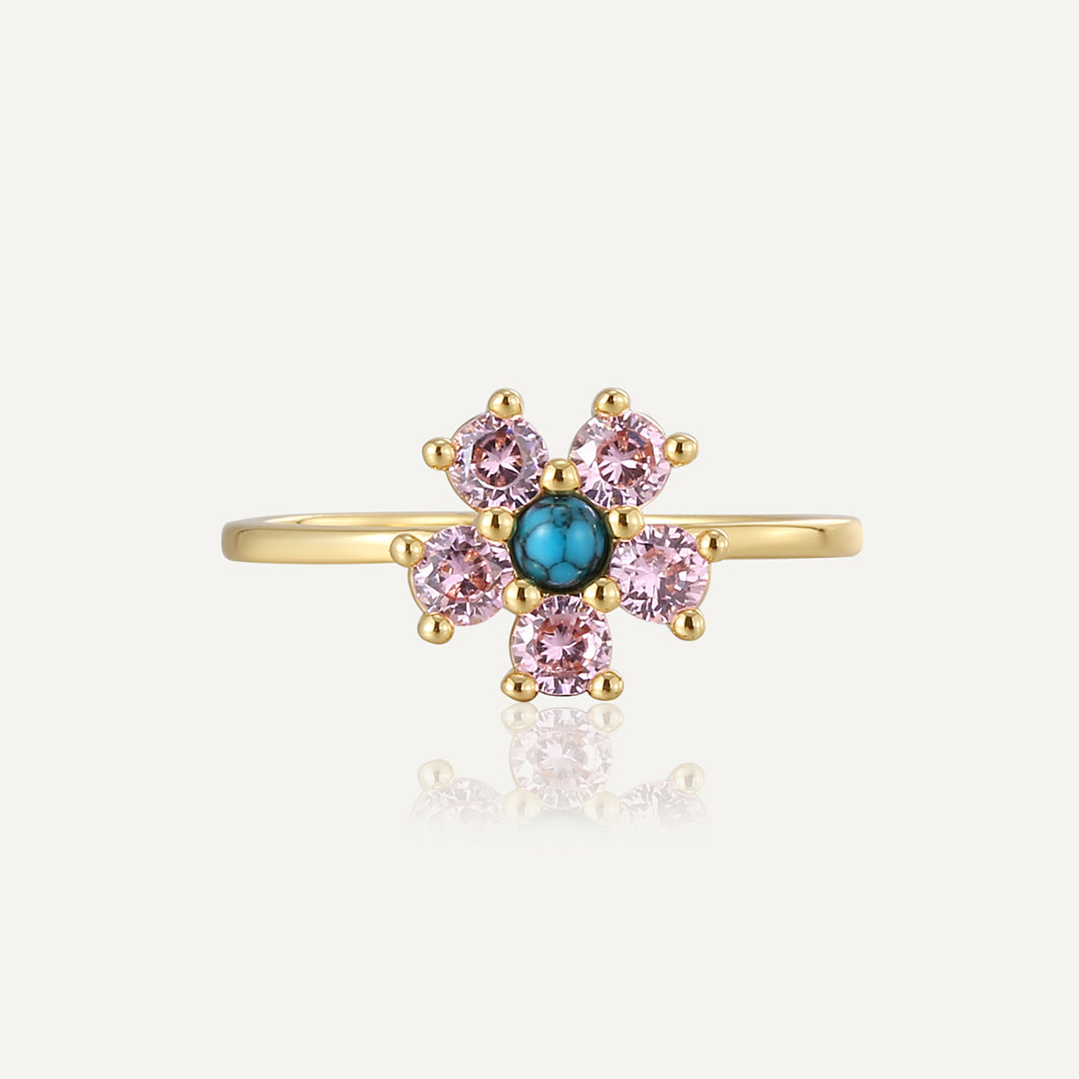 R0690 Cute Flower Pink Zircon Ring for Women Plated18K Golden Sweet Cool Style Turquoise