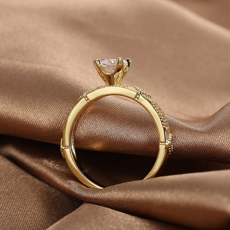 R0364 Fashion Four-Claw Brass Gold-Plated Zircon Ring for Women New Simple Tail Ring