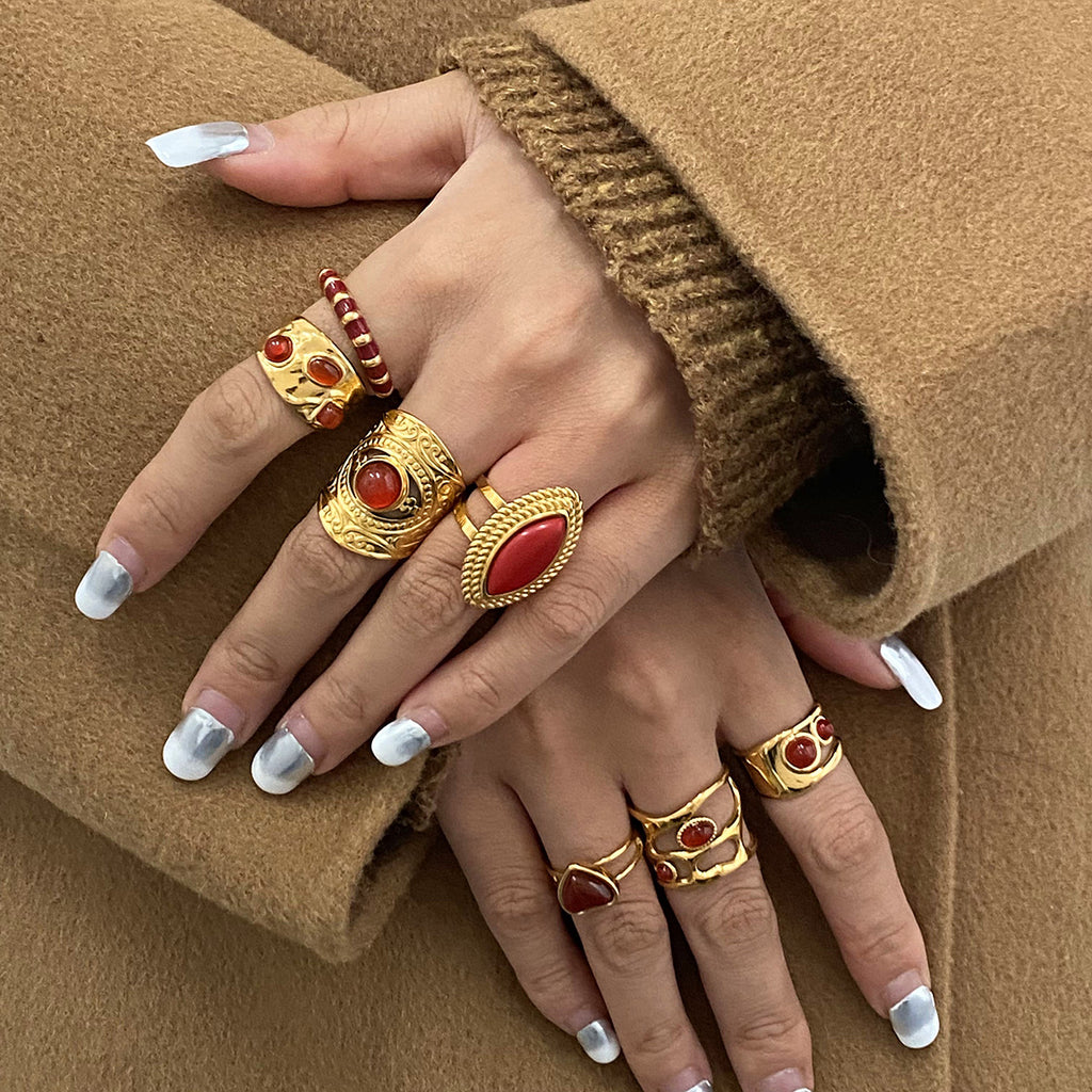 18k Gold Stainless Steel Red Agate Love Heart Necklace Pendant Earrings Ring