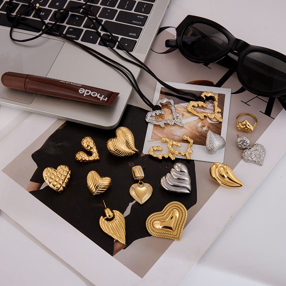 Heart-shaped Stud Earrings18K Gold Stainless Steel Necklace Accessories Women's Jewelry