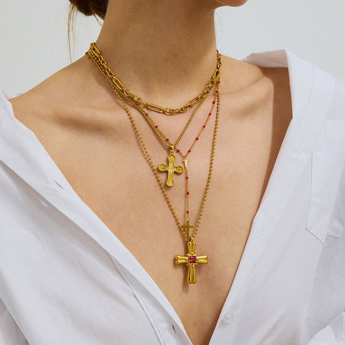 Cross Pendant Stainless Steel Gold-Plated Necklace — front view