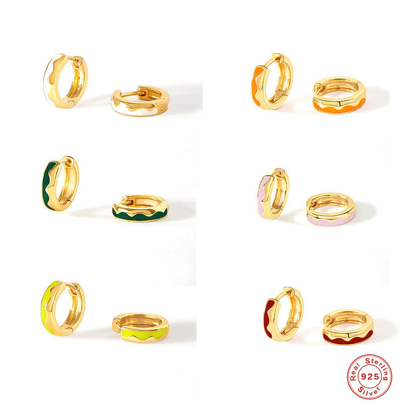 S925Sterling Silver Wave Oil Drop Imitation Enamel Hoop Earrings Hot-Selling Creative Ear Jewelry