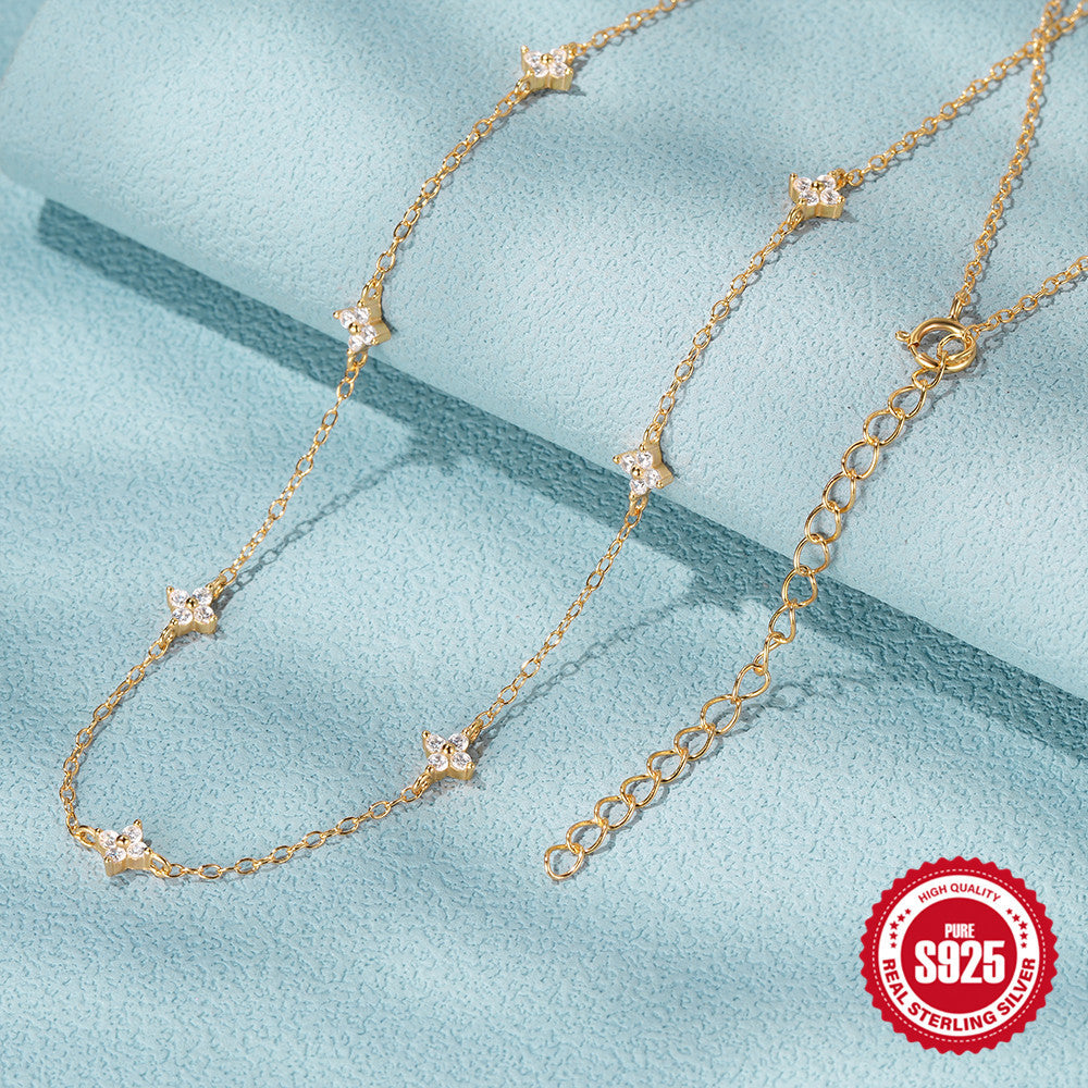 S925 Sterling Silver Korean Style Floral Diamond Collarbone Necklace