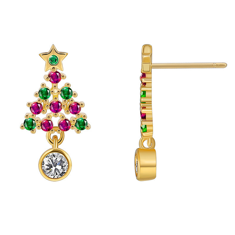 E0539 Festive Element Christmas Ornaments Green Purple Zircon Stud Earrings for Women Fashion Christmas Tree Earrings