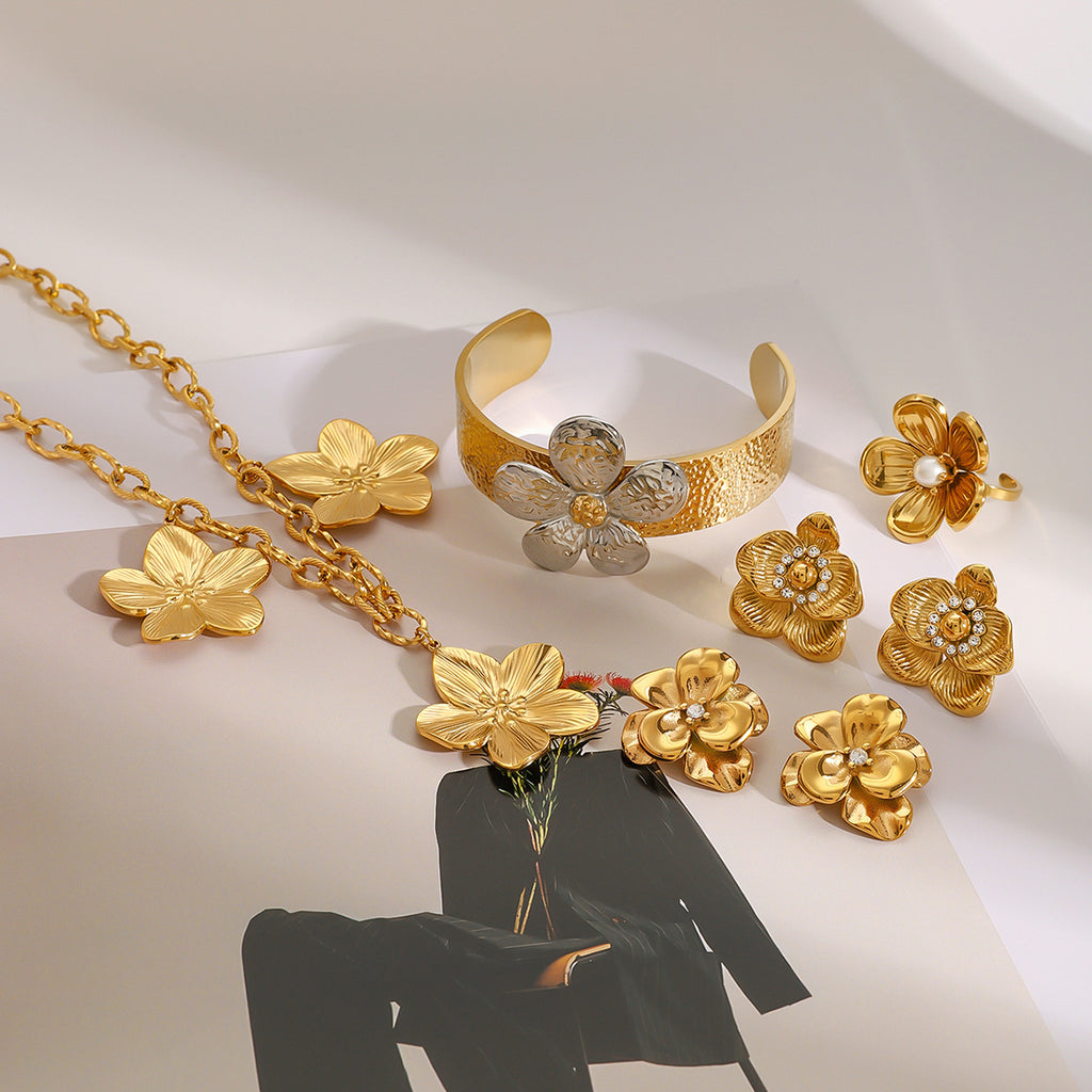 Stainless Steel Flower Necklace Zircon Earrings Pearl Ring Open Bracelet Jewelry