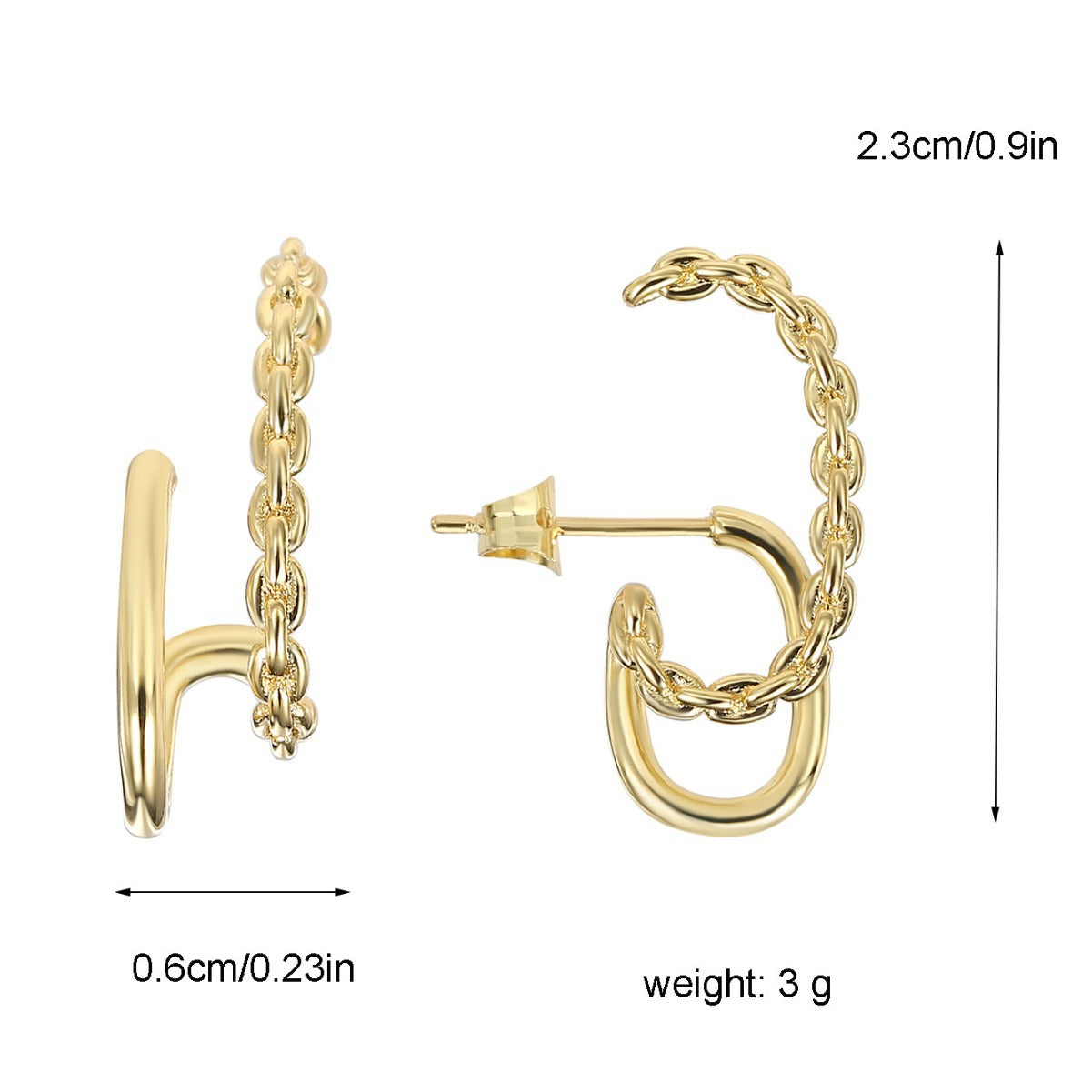 E0344Chain Splicing Hoop Earrings Design Retro Hong Kong Style Twisted Double Layer Earrings Electroplated Real Gold