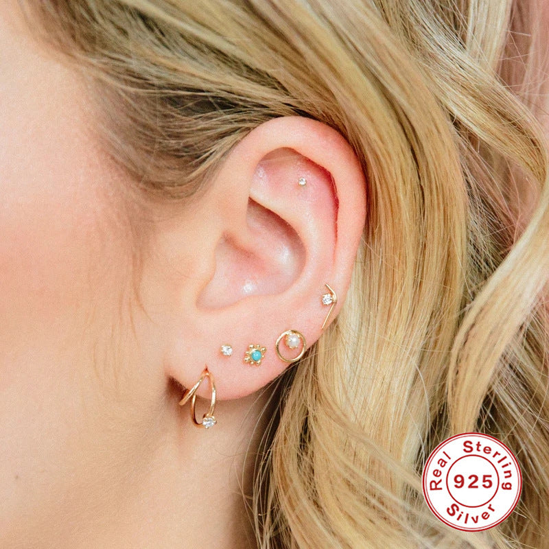 S925Sterling Silver Layered C Exaggerated Creative Style Earrings with Dense Studs and Claw Setting Double Steel Wire Hoop Earrings