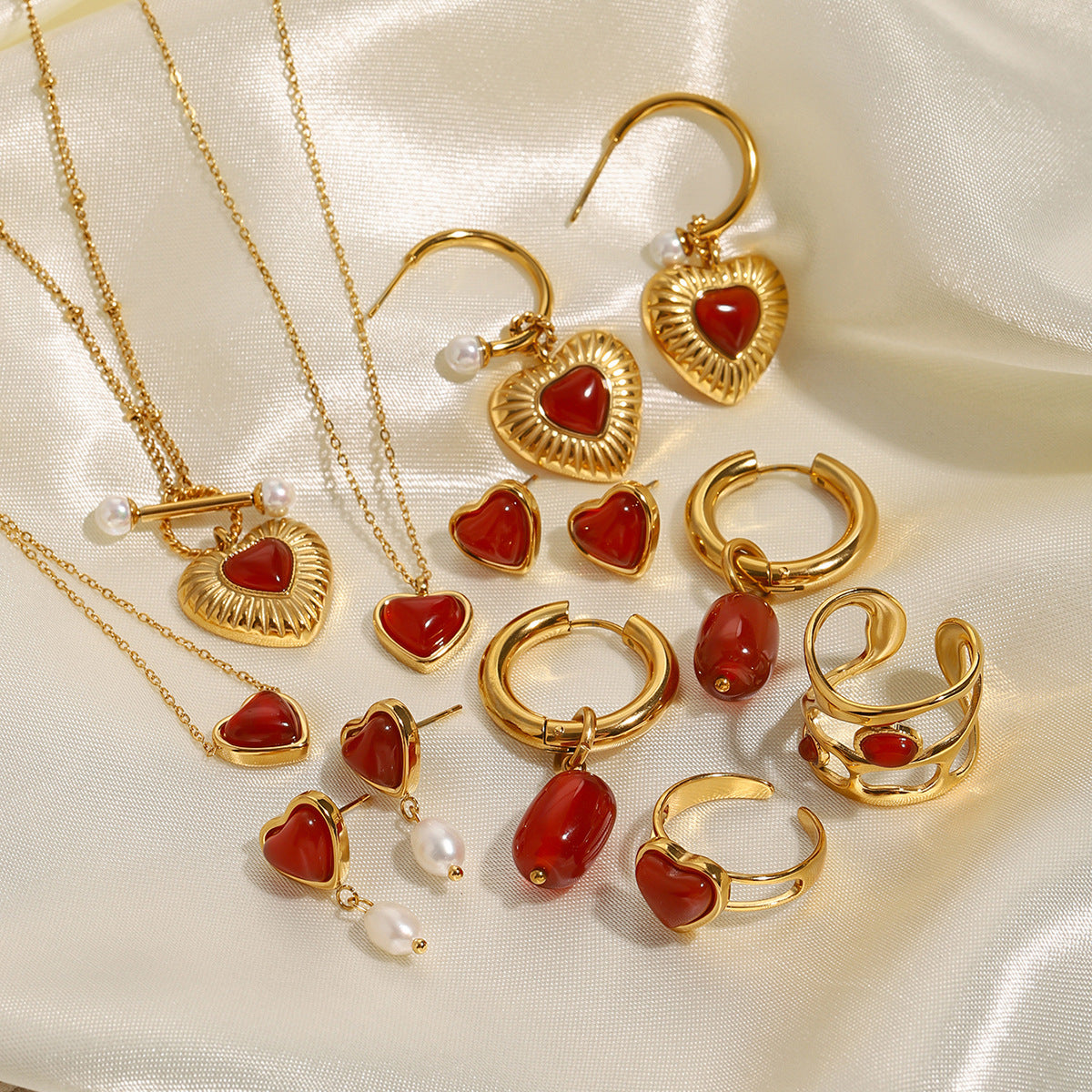 18k Gold Stainless Steel Red Agate Love Heart Necklace Pendant Earrings Ring