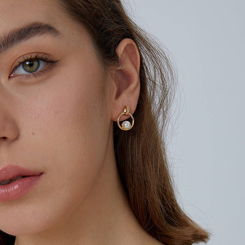 E0432 Fashion Round Design Pearl Earrings Minimalist Micro Pave Zircon Stud Earrings