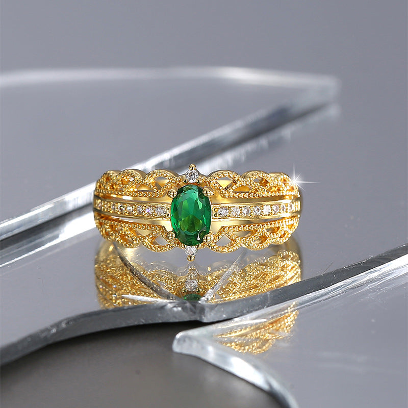 R0399 Fashion Baroque Women's Ring Brass Gold Plated with Green Zircon Simple