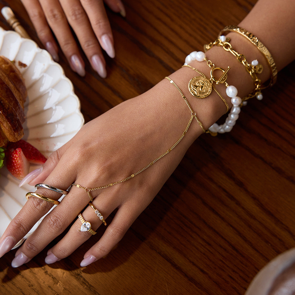 Finger Bracelet Stainless Steel Pearl Jewelry Ring Non-Fading for Women