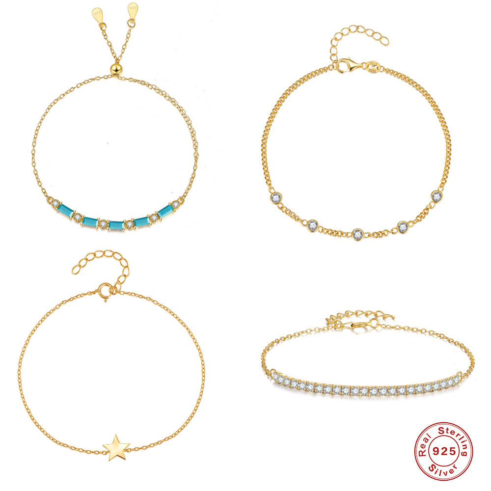 S925 Sterling Silver Five Pointed Star Diamond Circle Bracelet