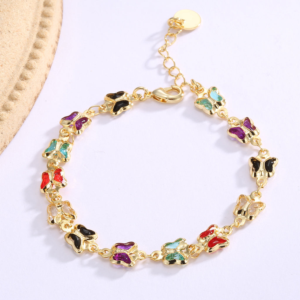 B0227 Japanese and Korean Summer Style Fashion Bracelet for Women, Brass Gold-Plated Butterfly with Acrylic Stone Inlay