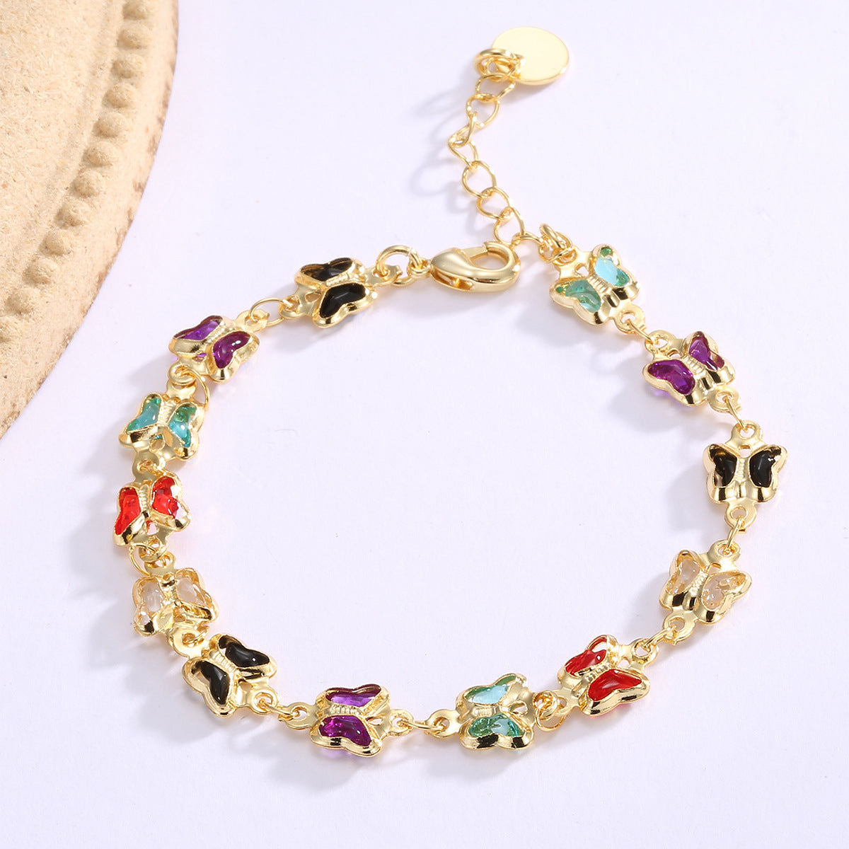 B0227 Japanese and Korean Summer Style Fashion Bracelet for Women, Brass Gold-Plated Butterfly with Acrylic Stone Inlay