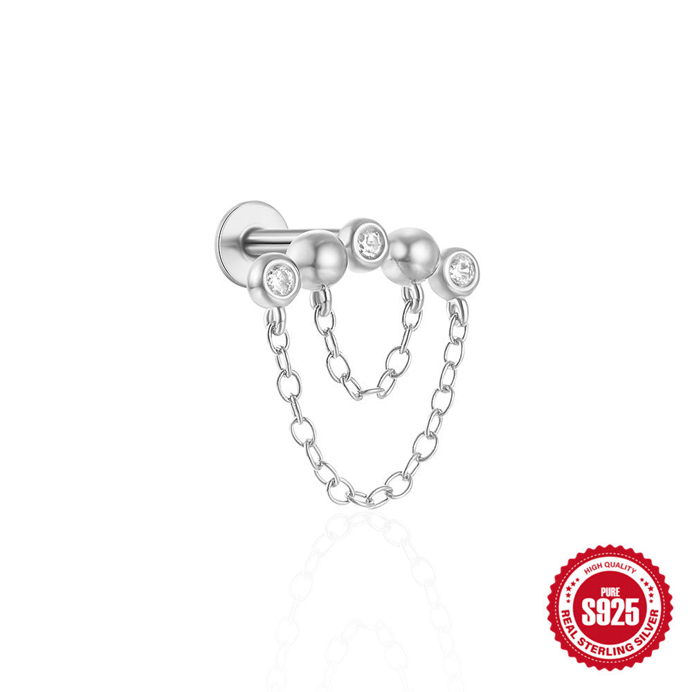 New925Sterling Silver Inlaid Diamond Tassel Piercing Threaded Flat Ear Bone Stud Earrings Hot-Selling Style Ear Jewelry