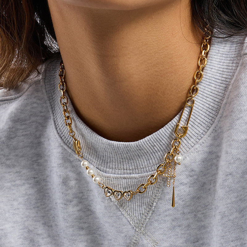 Stainless Steel Zircon Paperclip Necklace Collarbone Chain Non-Fading Jewelry