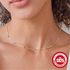 925 Silver Simple Thin Chain Colorful Diamond Collarbone Necklace