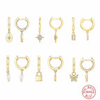 S925Sterling Silver Octagonal Star Geometric Inlaid Diamond Pearl Lock Pendant Earrings Hoop Earrings Ear Clips Trendy Ear Jewelry