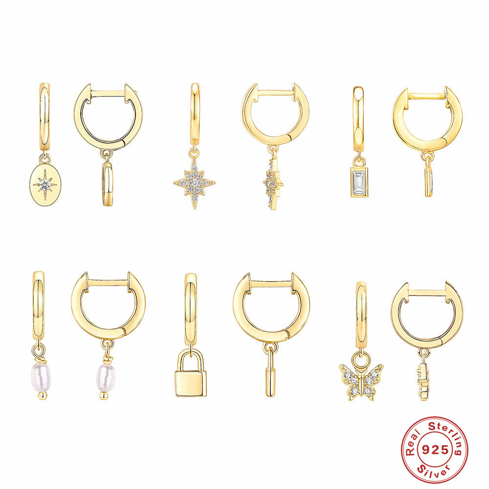 S925Sterling Silver Octagonal Star Geometric Inlaid Diamond Pearl Lock Pendant Earrings Hoop Earrings Ear Clips Trendy Ear Jewelry