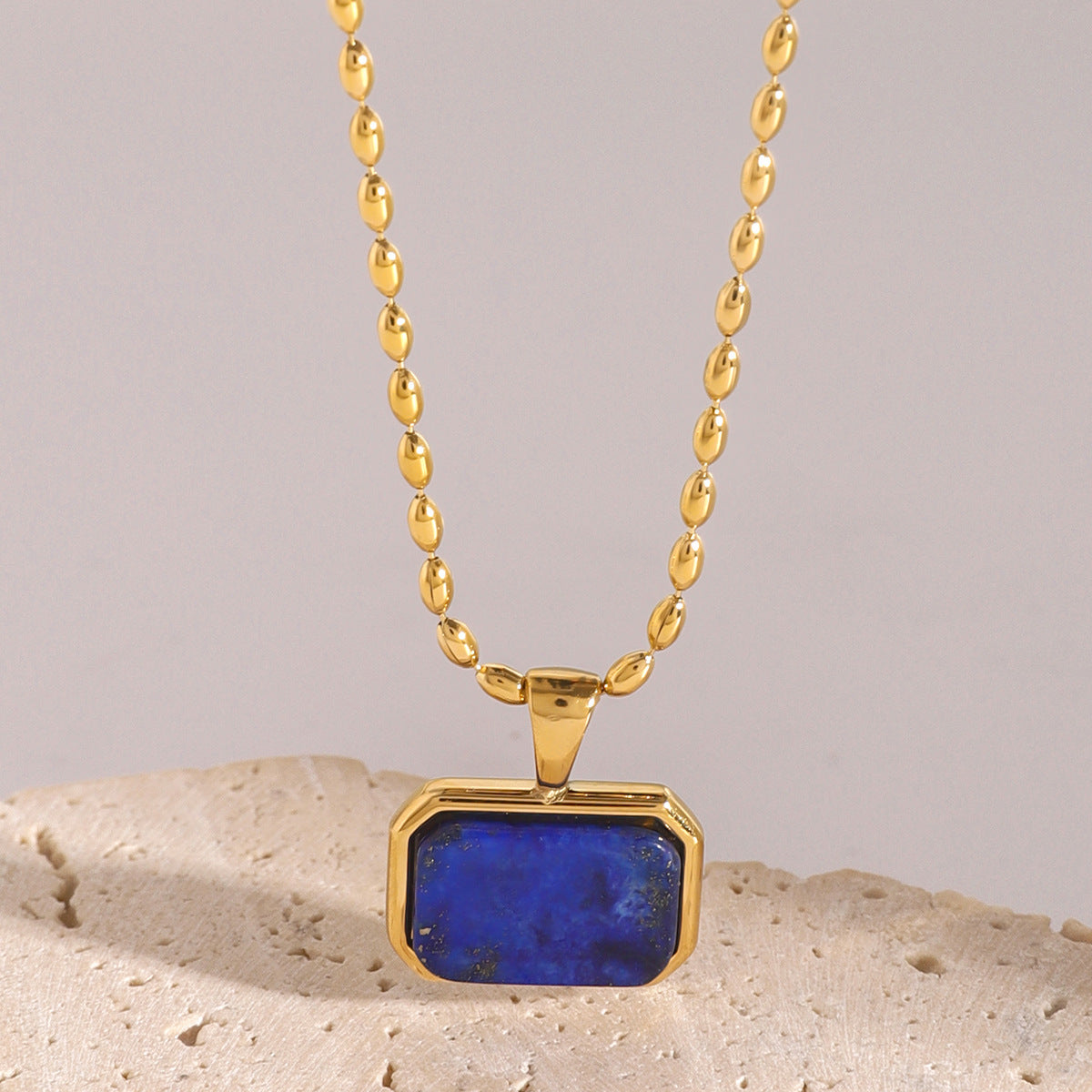 Stainless Steel Geometric Tiger Eye Natural Stone Pendant Necklace Design Sense Jewelry