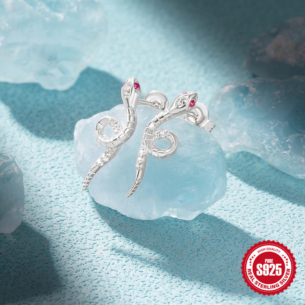 New925Sterling Silver Color Diamond Snake-shaped Ear Jewelry Ear Stud Creative Micro-inlaid Zircon Full Diamond Earrings