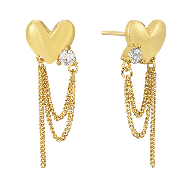 E0708 Elegant Fashion Simple Heart-Shaped Zircon Inlaid Tassel Chain Earrings for Women Heart Drop Earrings