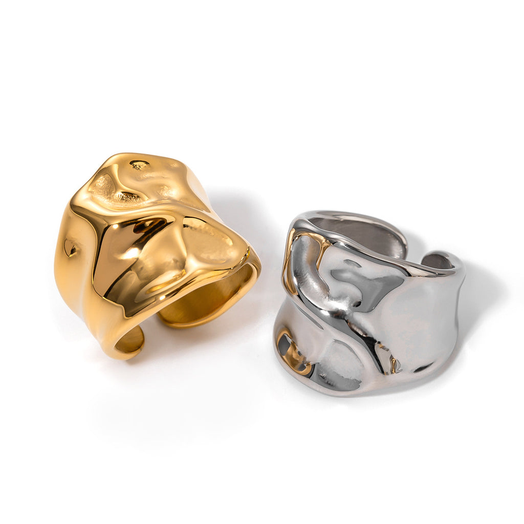 18k Gold Stainless Steel Large Hammer Pattern Open Ring Fashion Simple Unique Design Ring