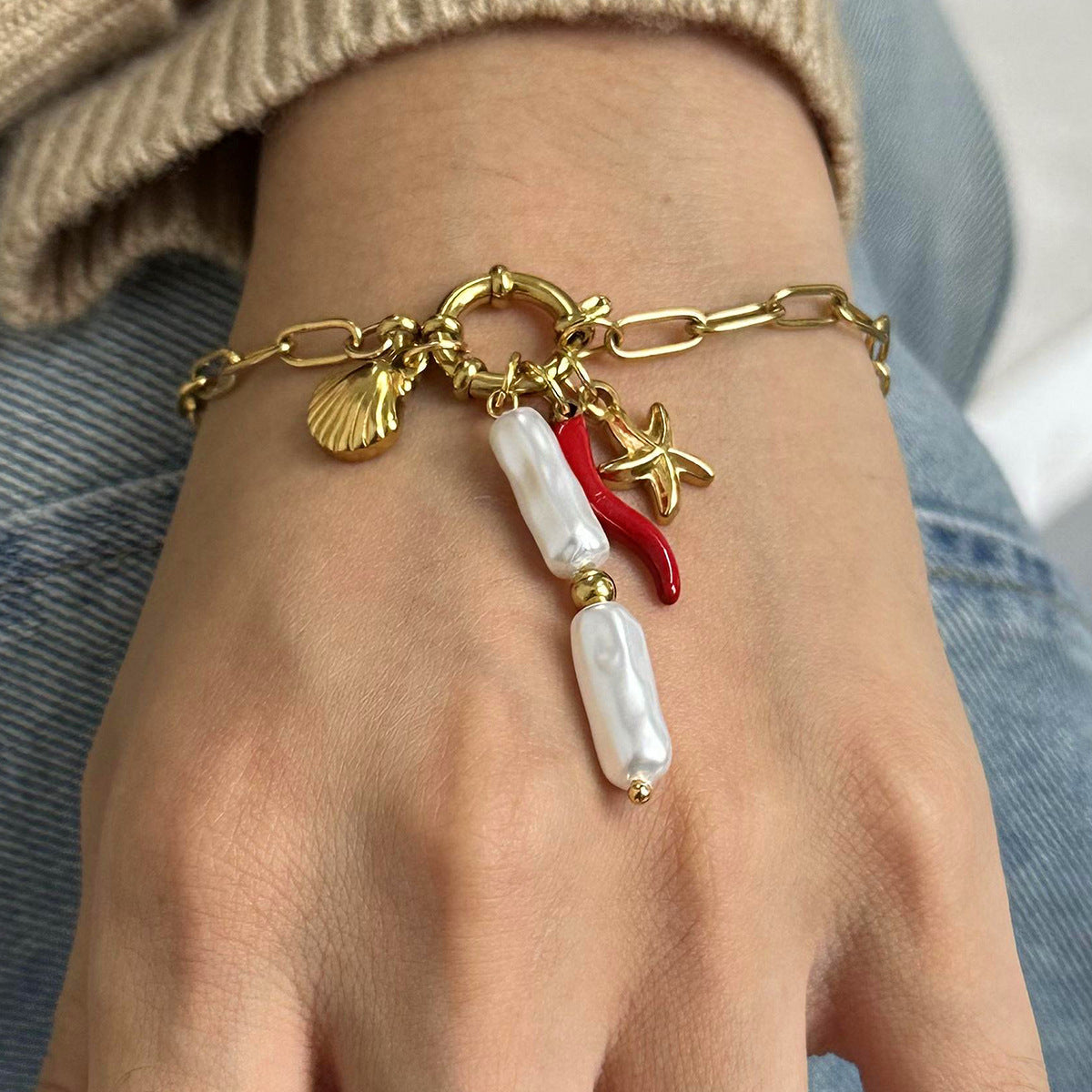 2H Stainless Steel Ocean Sailor Buckle Necklace Design Pearl Pendant Necklace Fashion Jewelry for Women