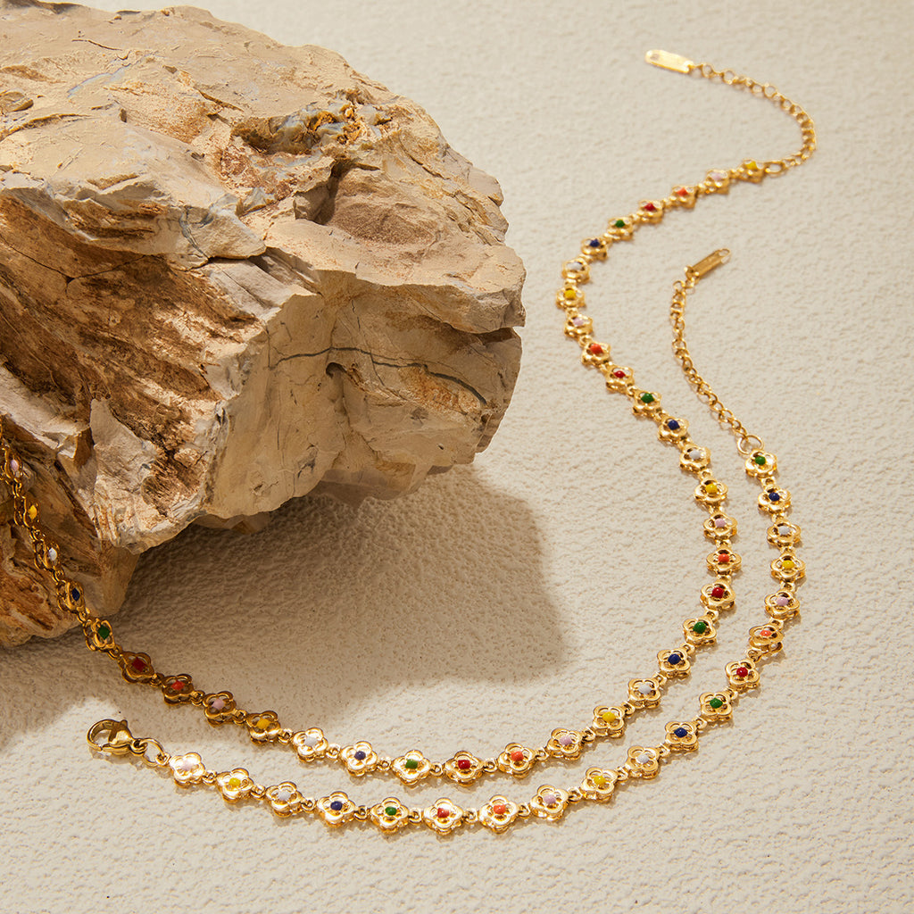 2H Colorful Oil Drop Flower Necklace Bracelet Stainless Steel Jewelry